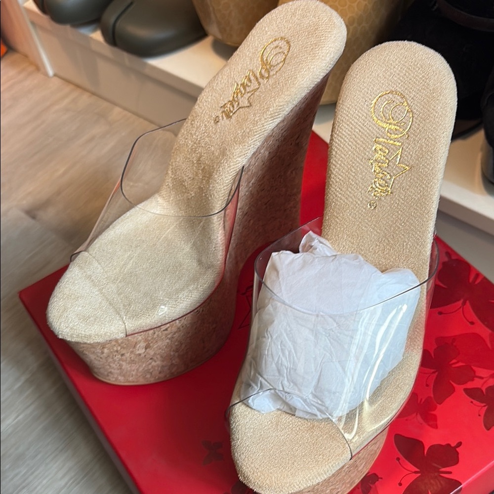 Pleaser Cream Platform Shoes with Cork Sole